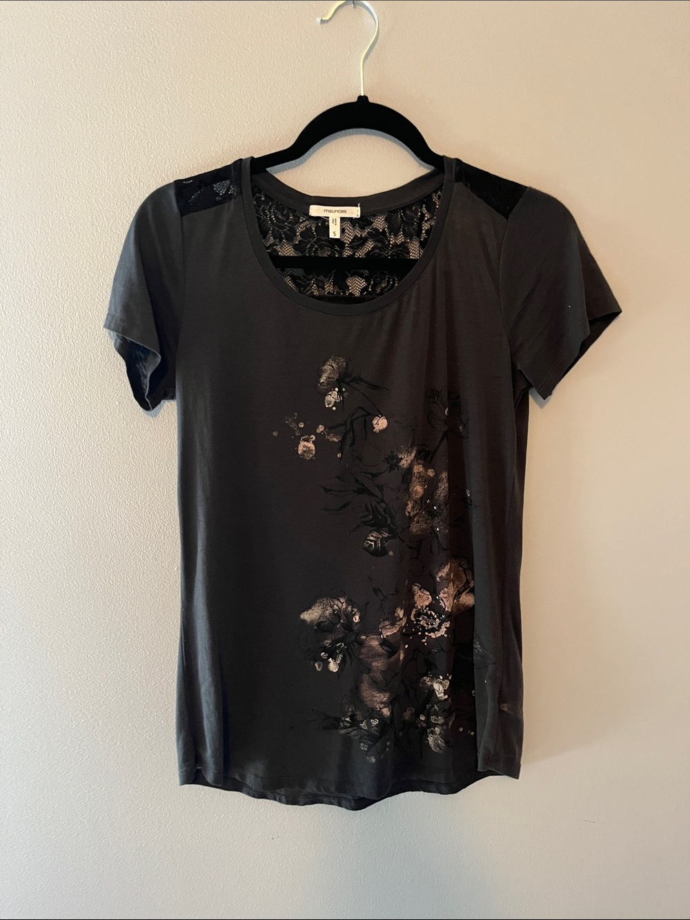 Maurices Black Floral Lace-Back Short Sleeve Tee